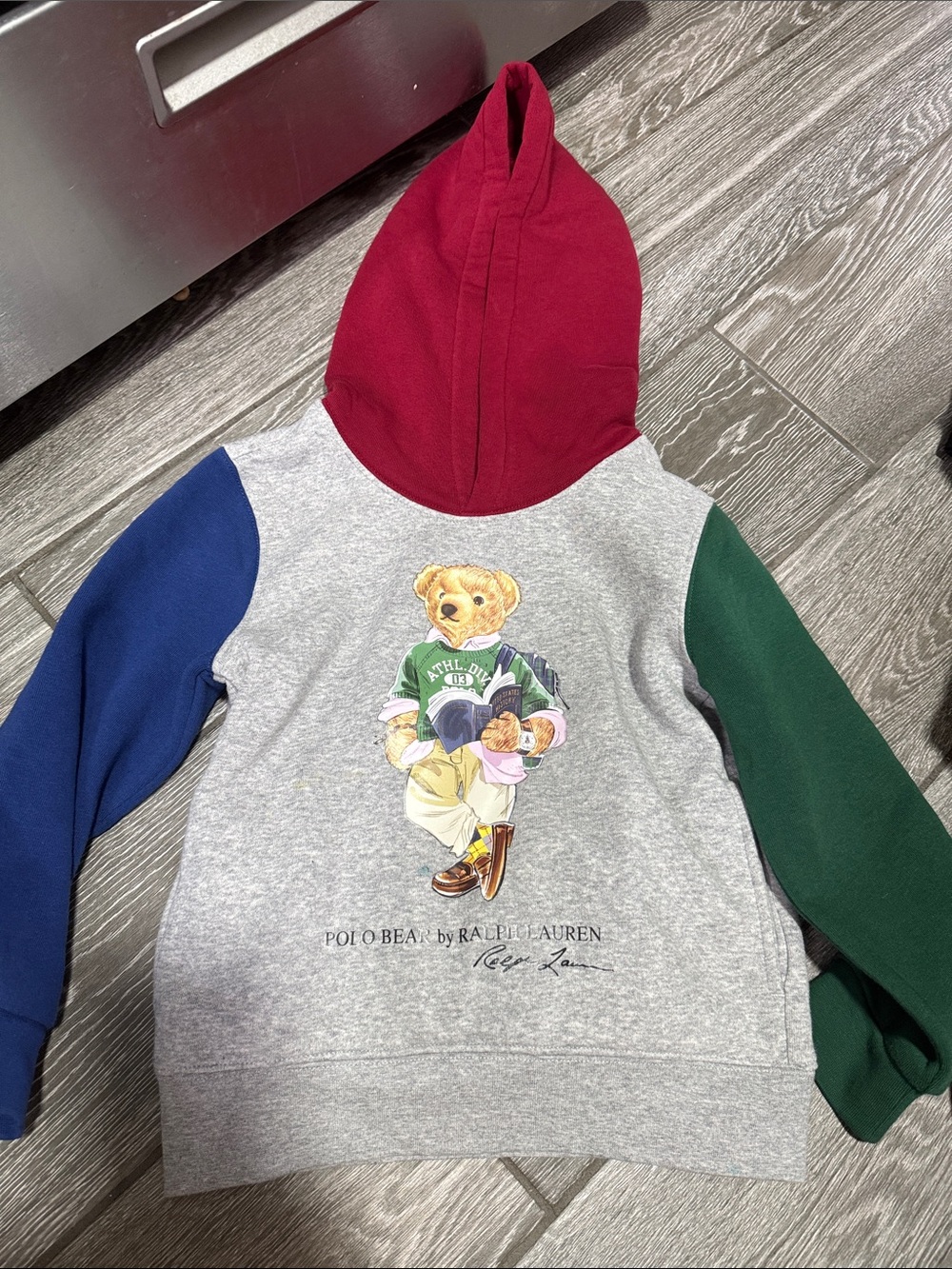 Ralph Lauren Gray Hoodie with Burgundy Hood, Navy & Green Sleeves